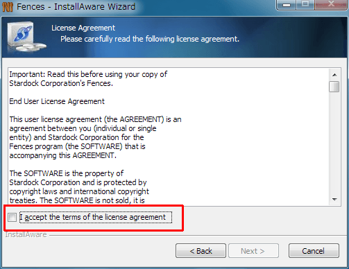 「I accept the terms of the license agreement」チェックボックスにチェック